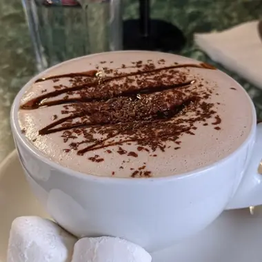 Hot chocolate with grated chocolate on top and two marshmallows on the saucer, on green marble